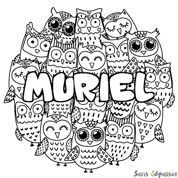 Coloriage pr&eacute;nom MURIEL - d&eacute;cor Chouettes