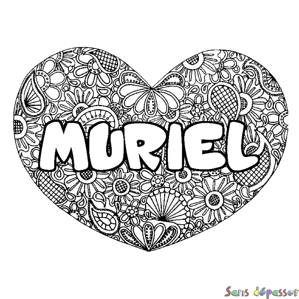 Coloriage pr&eacute;nom MURIEL - d&eacute;cor Mandala coeur