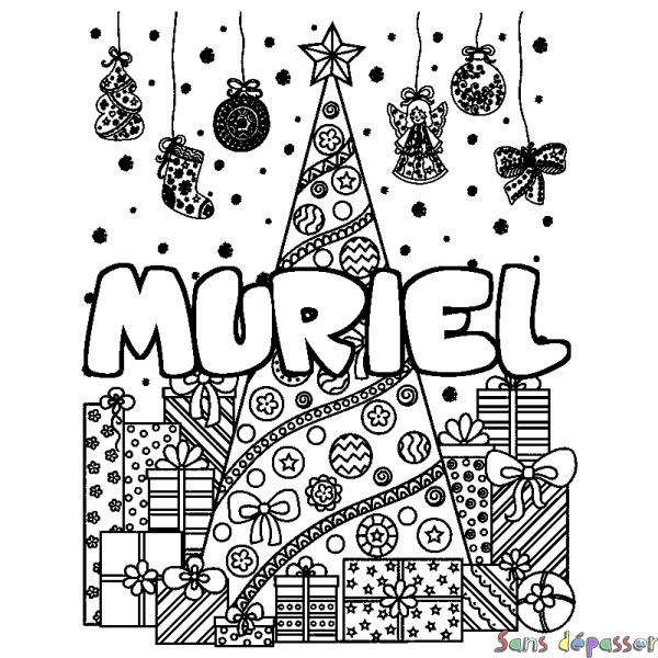 Coloriage pr&eacute;nom MURIEL - d&eacute;cor Sapin et Cadeaux