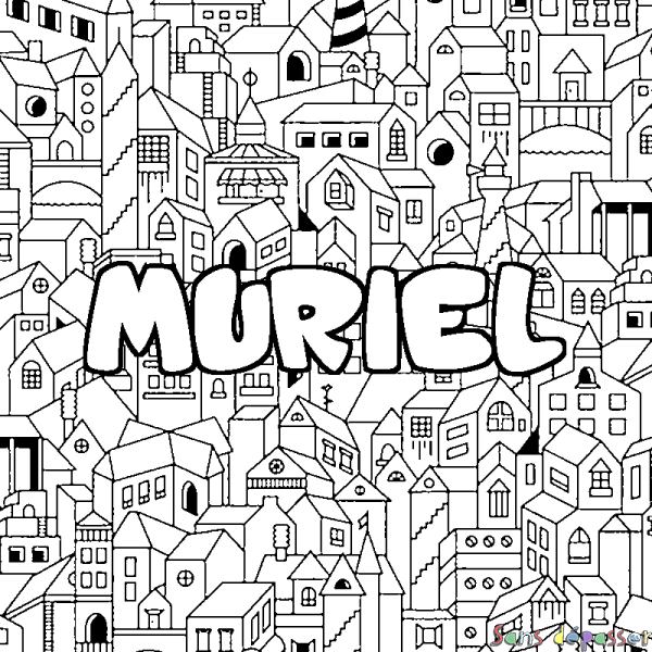 Coloriage pr&eacute;nom MURIEL - d&eacute;cor Ville