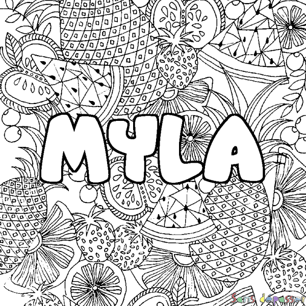 Coloriage pr&eacute;nom MYLA - d&eacute;cor Mandala fruits