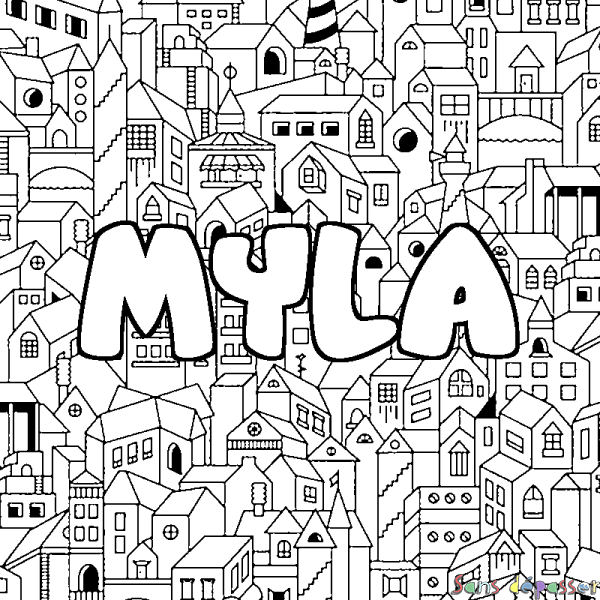 Coloriage pr&eacute;nom MYLA - d&eacute;cor Ville
