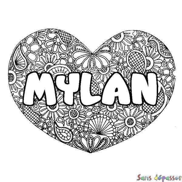 Coloriage pr&eacute;nom MYLAN - d&eacute;cor Mandala coeur