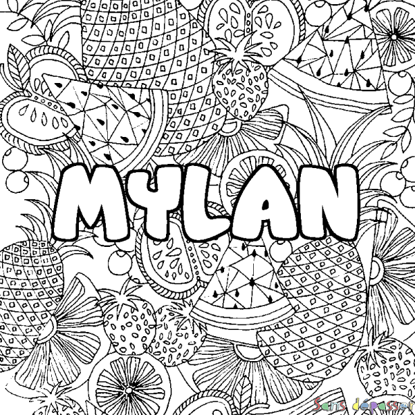 Coloriage pr&eacute;nom MYLAN - d&eacute;cor Mandala fruits