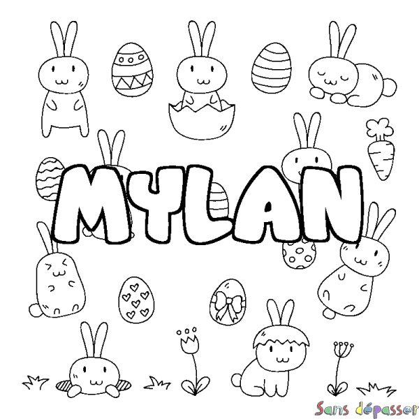 Coloriage pr&eacute;nom MYLAN - d&eacute;cor Paques