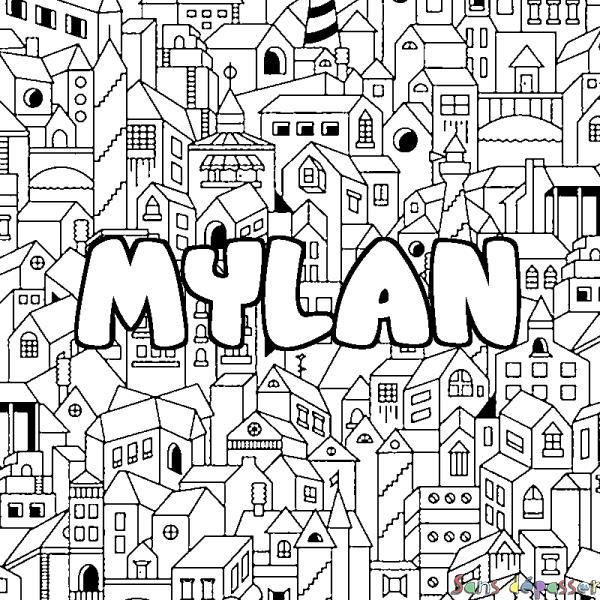 Coloriage pr&eacute;nom MYLAN - d&eacute;cor Ville