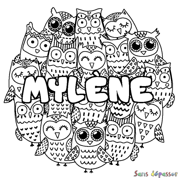 Coloriage pr&eacute;nom MYL&Egrave;NE - d&eacute;cor Chouettes