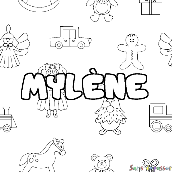 Coloriage pr&eacute;nom MYL&Egrave;NE - d&eacute;cor Jouets