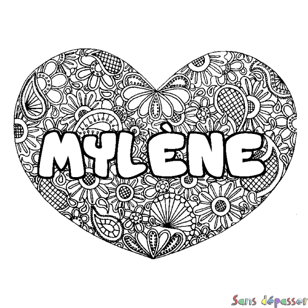 Coloriage pr&eacute;nom MYL&Egrave;NE - d&eacute;cor Mandala coeur