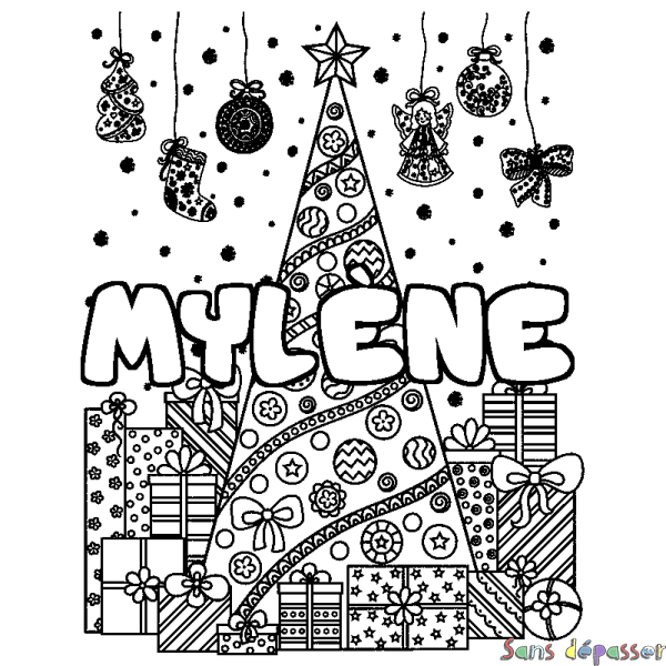 Coloriage pr&eacute;nom MYL&Egrave;NE - d&eacute;cor Sapin et Cadeaux