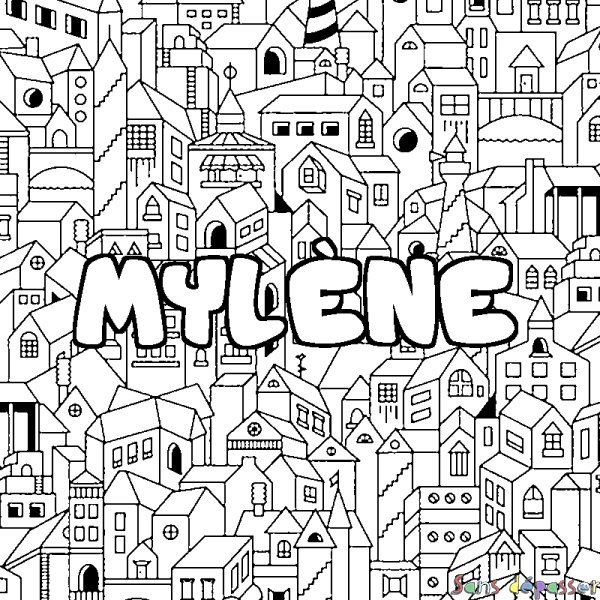 Coloriage pr&eacute;nom MYL&Egrave;NE - d&eacute;cor Ville