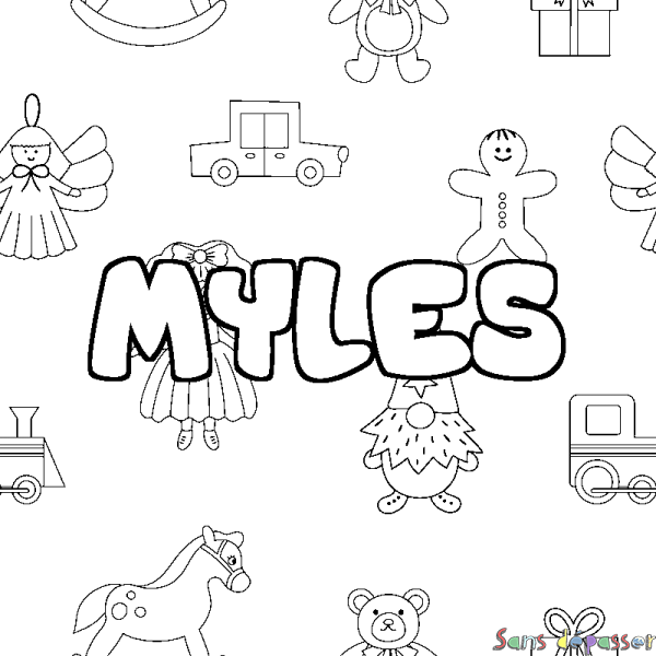 Coloriage pr&eacute;nom MYLES - d&eacute;cor Jouets