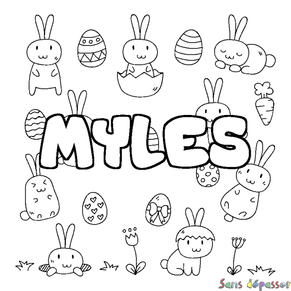 Coloriage pr&eacute;nom MYLES - d&eacute;cor Paques