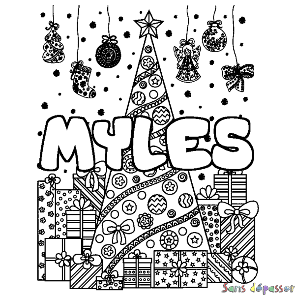 Coloriage pr&eacute;nom MYLES - d&eacute;cor Sapin et Cadeaux