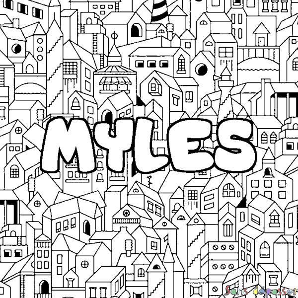 Coloriage pr&eacute;nom MYLES - d&eacute;cor Ville