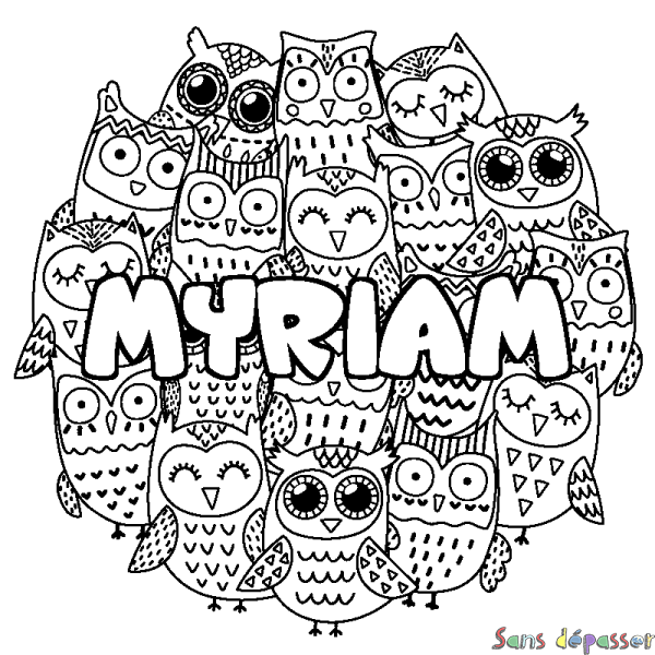 Coloriage pr&eacute;nom MYRIAM - d&eacute;cor Chouettes