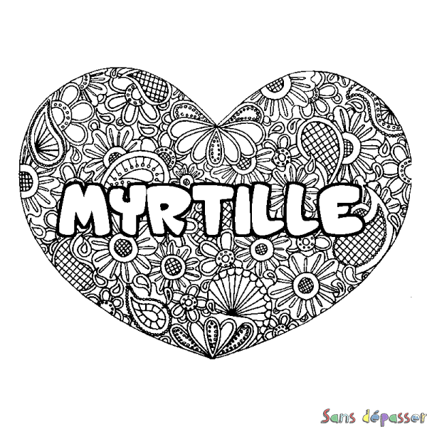 Coloriage pr&eacute;nom MYRTILLE - d&eacute;cor Mandala coeur