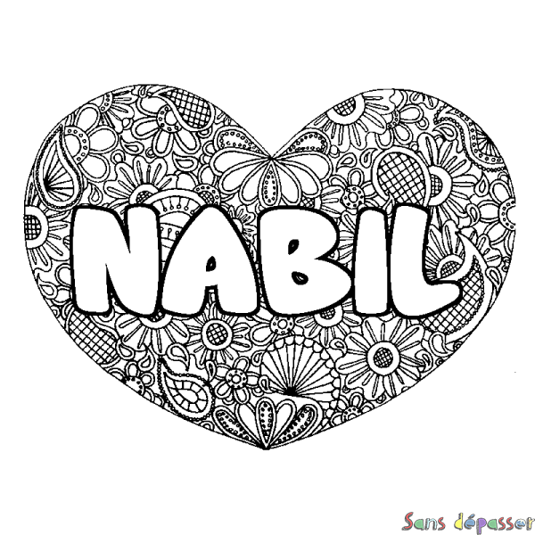 Coloriage prénom NABIL - d&eacute;cor Mandala coeur