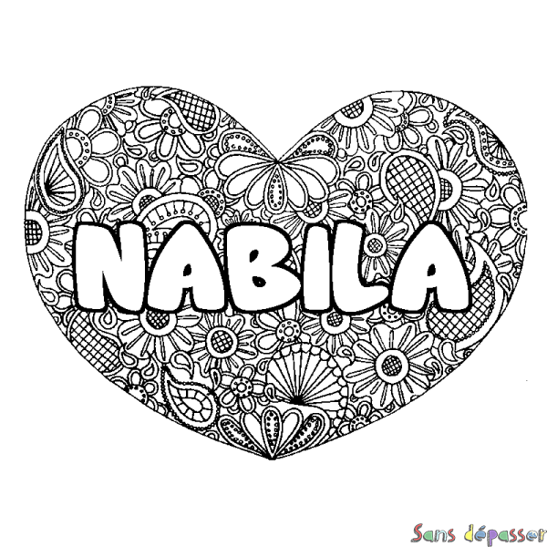 Coloriage prénom NABILA - d&eacute;cor Mandala coeur