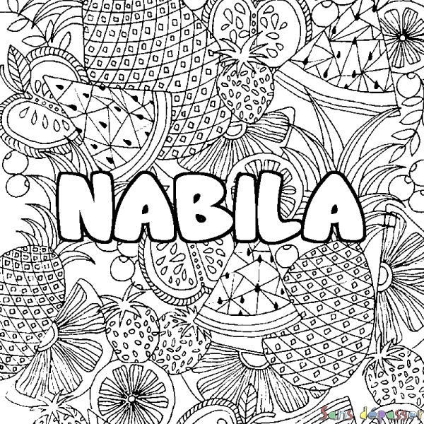 Coloriage prénom NABILA - d&eacute;cor Mandala fruits