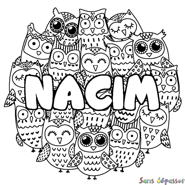 Coloriage prénom NACIM - d&eacute;cor Chouettes