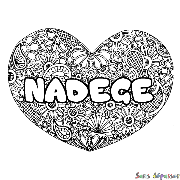 Coloriage pr&eacute;nom NADEGE - d&eacute;cor Mandala coeur