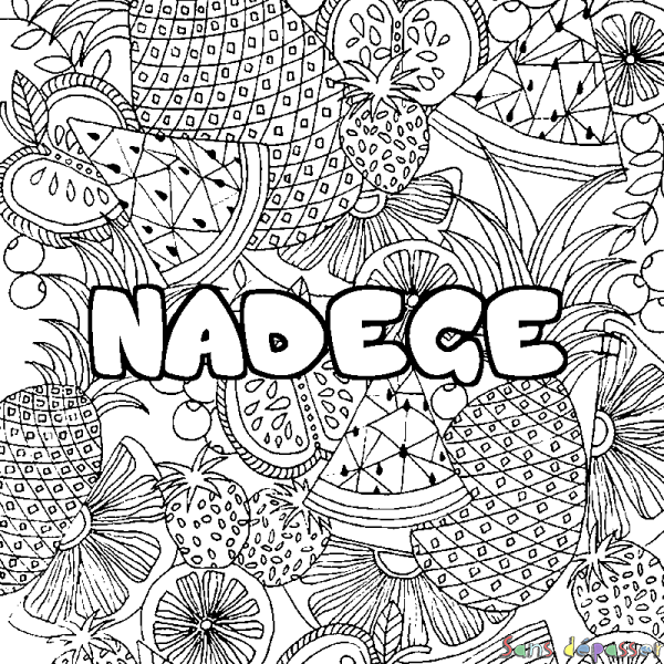 Coloriage pr&eacute;nom NADEGE - d&eacute;cor Mandala fruits