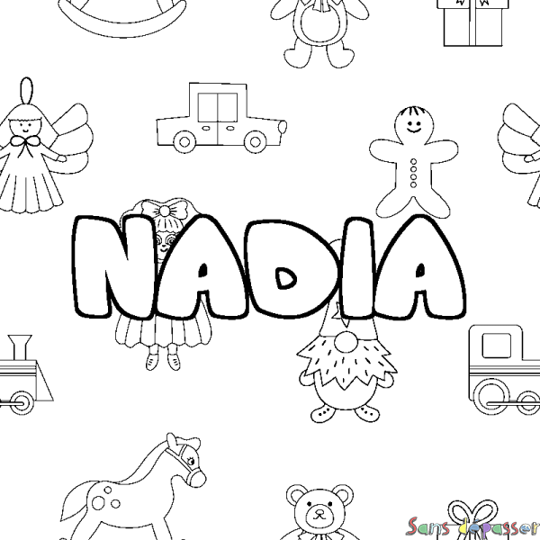 Coloriage pr&eacute;nom NADIA - d&eacute;cor Jouets