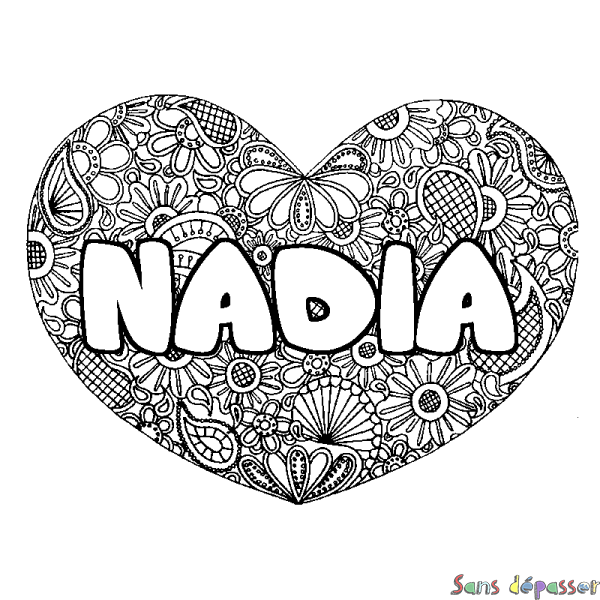 Coloriage prénom NADIA - d&eacute;cor Mandala coeur