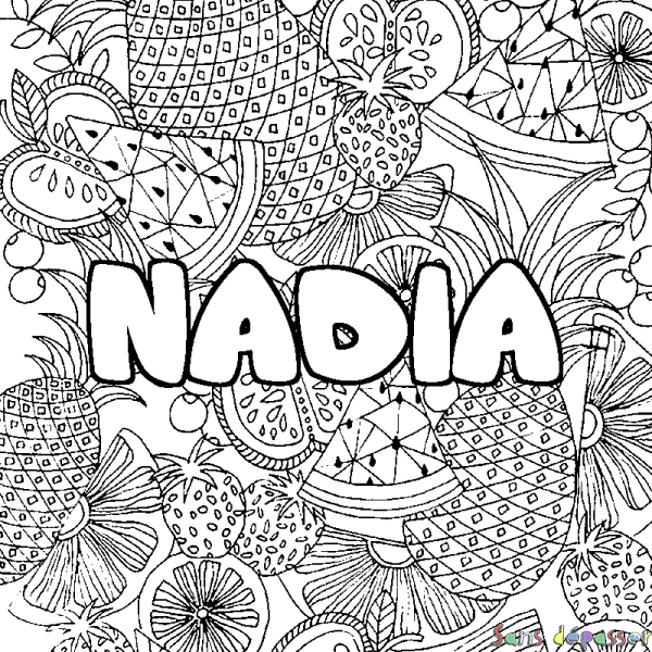 Coloriage prénom NADIA - d&eacute;cor Mandala fruits