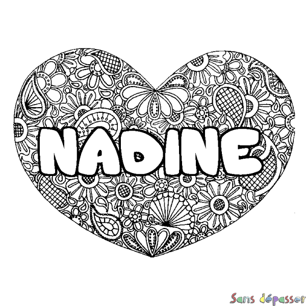 Coloriage pr&eacute;nom NADINE - d&eacute;cor Mandala coeur