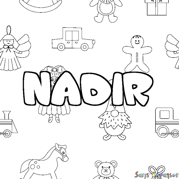Coloriage pr&eacute;nom NADIR - d&eacute;cor Jouets