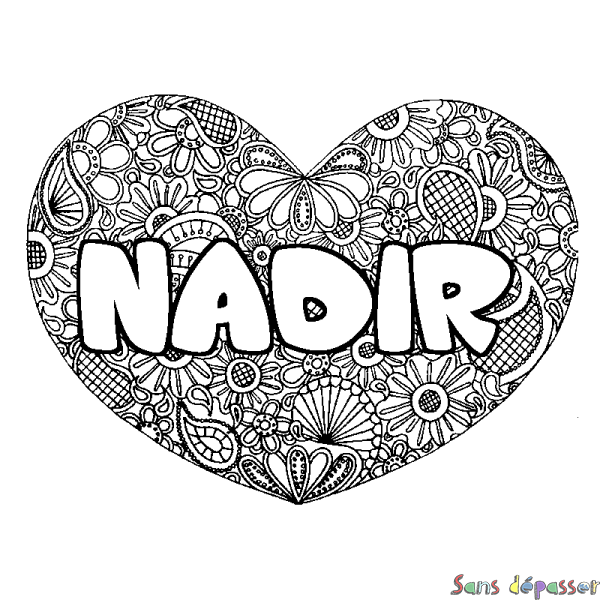 Coloriage prénom NADIR - d&eacute;cor Mandala coeur