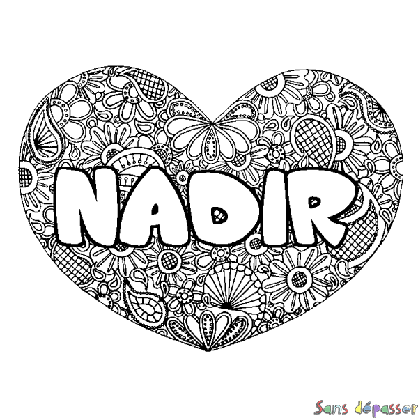 Coloriage pr&eacute;nom NADIR - d&eacute;cor Mandala coeur