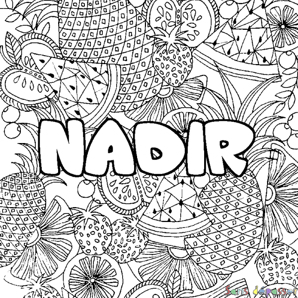 Coloriage pr&eacute;nom NADIR - d&eacute;cor Mandala fruits
