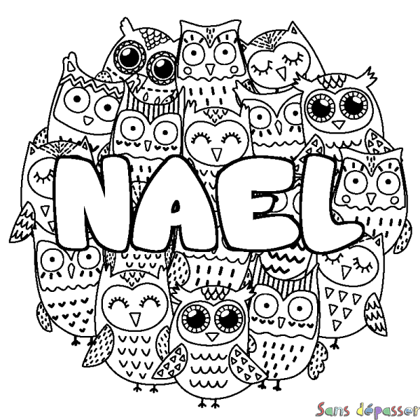 Coloriage pr&eacute;nom NAEL - d&eacute;cor Chouettes