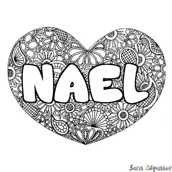 Coloriage prénom NAEL - d&eacute;cor Mandala coeur