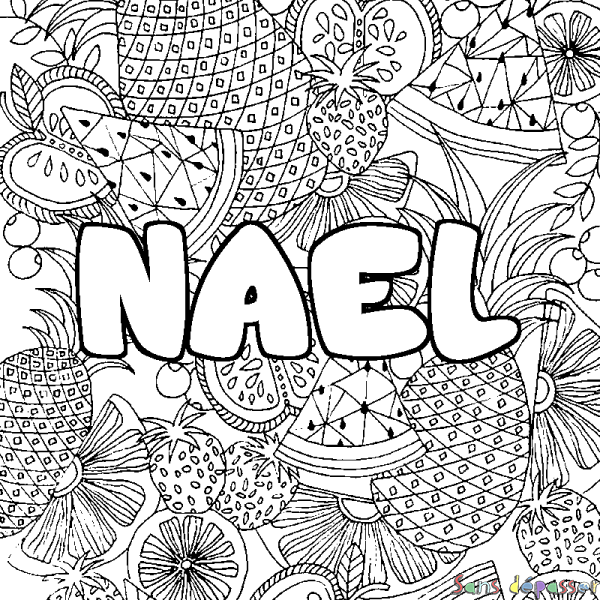 Coloriage prénom NAEL - d&eacute;cor Mandala fruits