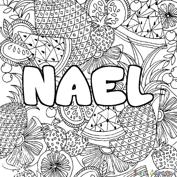 Coloriage pr&eacute;nom NAEL - d&eacute;cor Mandala fruits