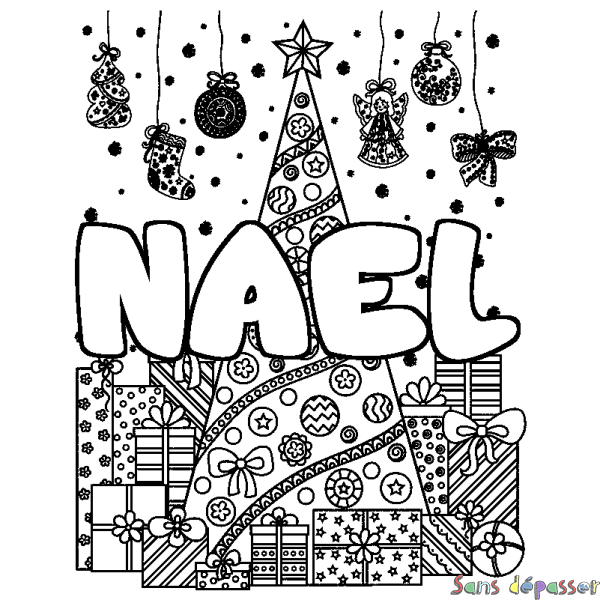 Coloriage pr&eacute;nom NAEL - d&eacute;cor Sapin et Cadeaux