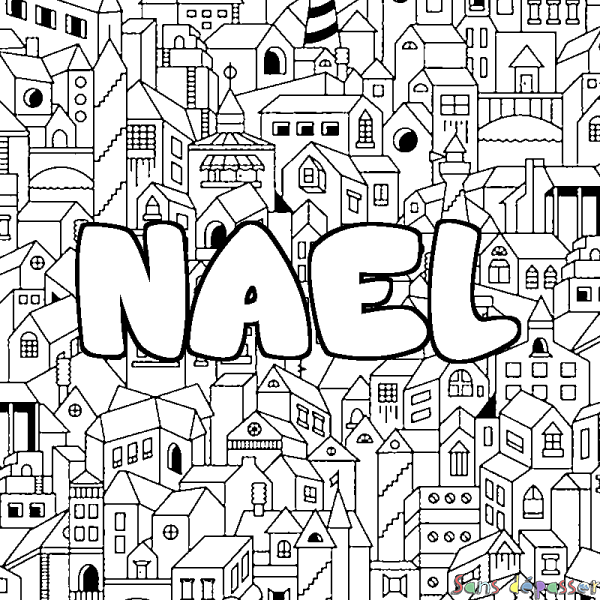 Coloriage prénom NAEL - d&eacute;cor Ville