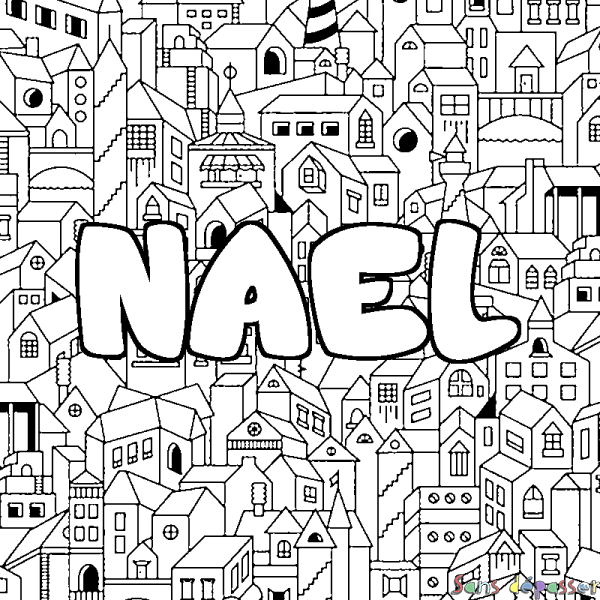 Coloriage pr&eacute;nom NAEL - d&eacute;cor Ville