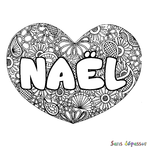 Coloriage pr&eacute;nom NA&Euml;L - d&eacute;cor Mandala coeur