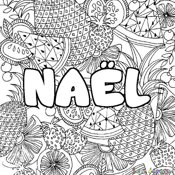 Coloriage pr&eacute;nom NA&Euml;L - d&eacute;cor Mandala fruits