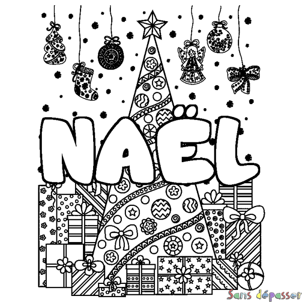 Coloriage pr&eacute;nom NA&Euml;L - d&eacute;cor Sapin et Cadeaux