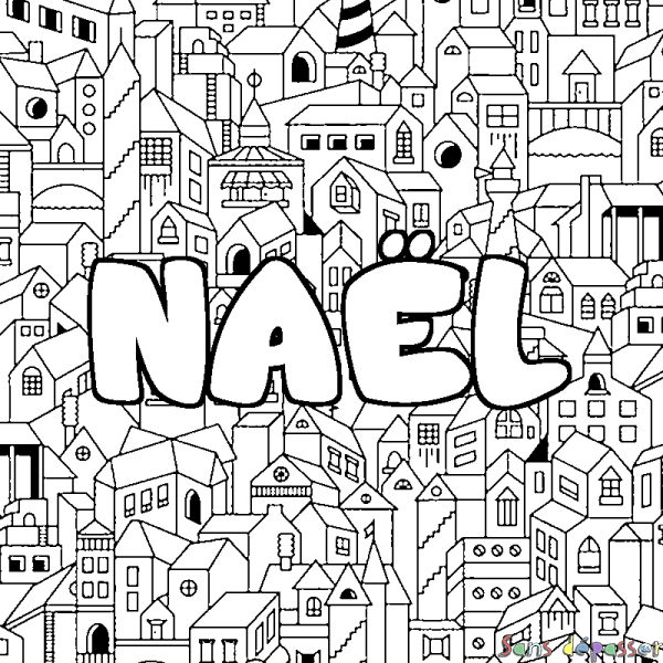 Coloriage pr&eacute;nom NA&Euml;L - d&eacute;cor Ville