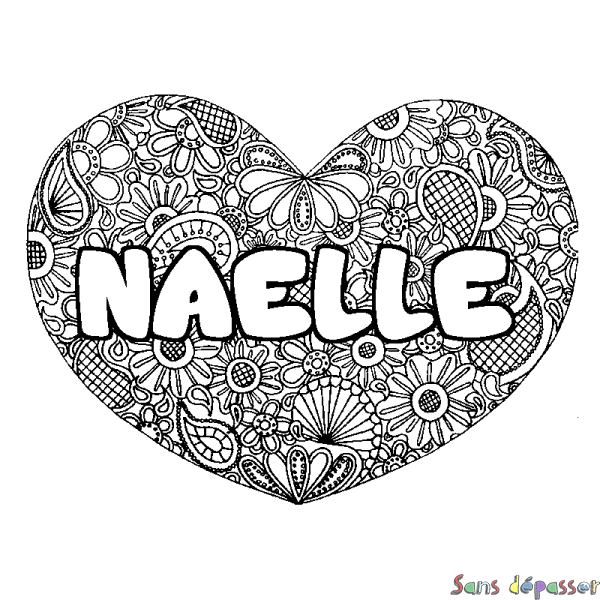 Coloriage pr&eacute;nom NAELLE - d&eacute;cor Mandala coeur