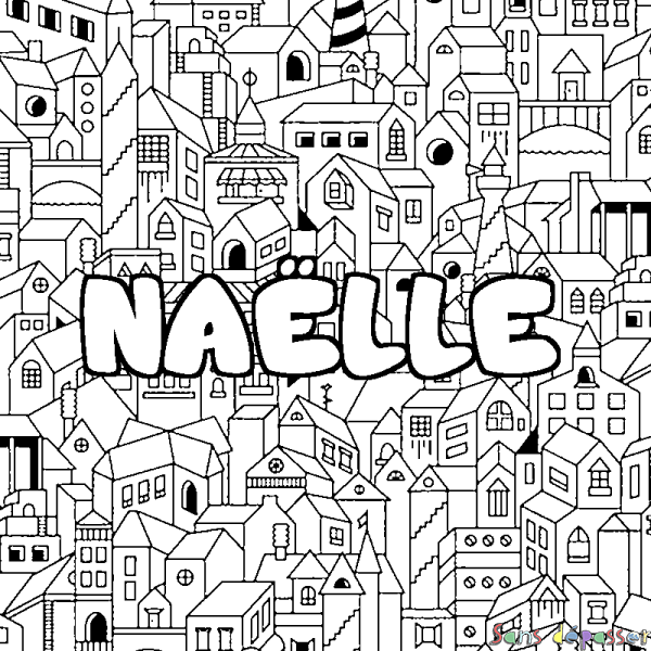 Coloriage pr&eacute;nom NA&Euml;LLE - d&eacute;cor Ville