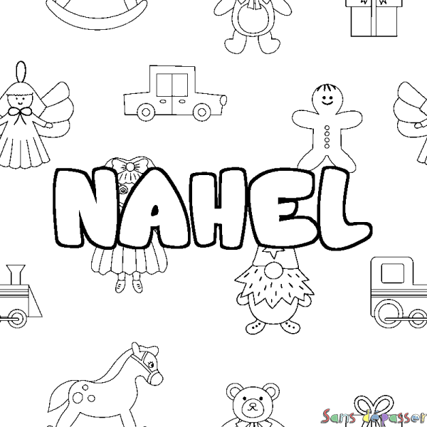 Coloriage pr&eacute;nom NAHEL - d&eacute;cor Jouets