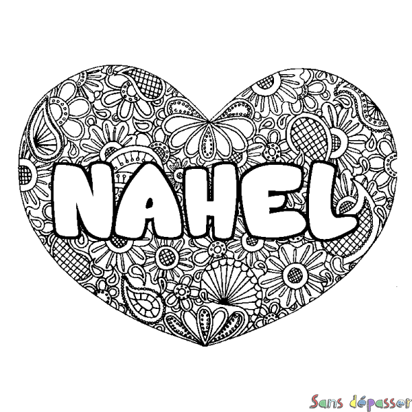 Coloriage prénom NAHEL - d&eacute;cor Mandala coeur